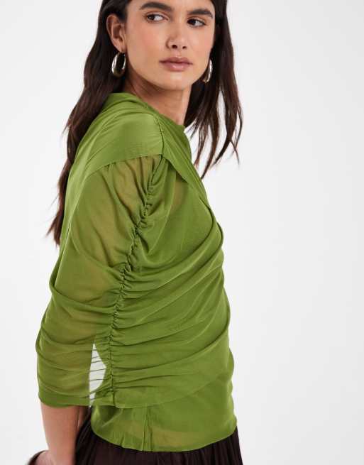 Vero Moda half sleeve cape detail top in green, 3 of 4