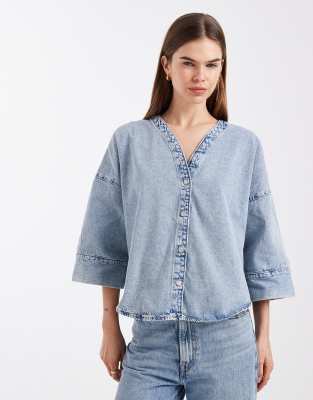 Vero Moda Half Sleeve Oversized Fit Denim Top In Blue
