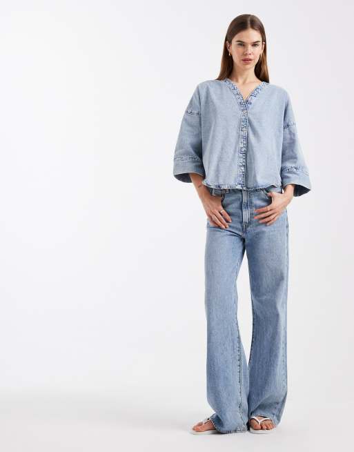 Vero Moda half sleeve oversized fit denim top in light blue wash, 2 of 4