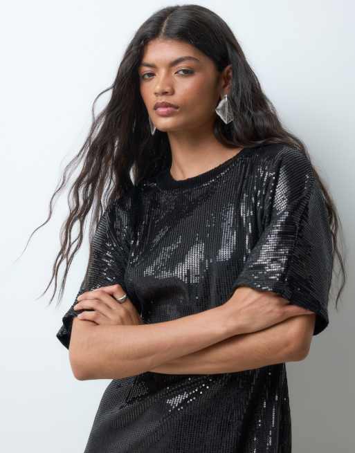 Vero Moda half sleeve sequin mini dress in black, 2 of 5