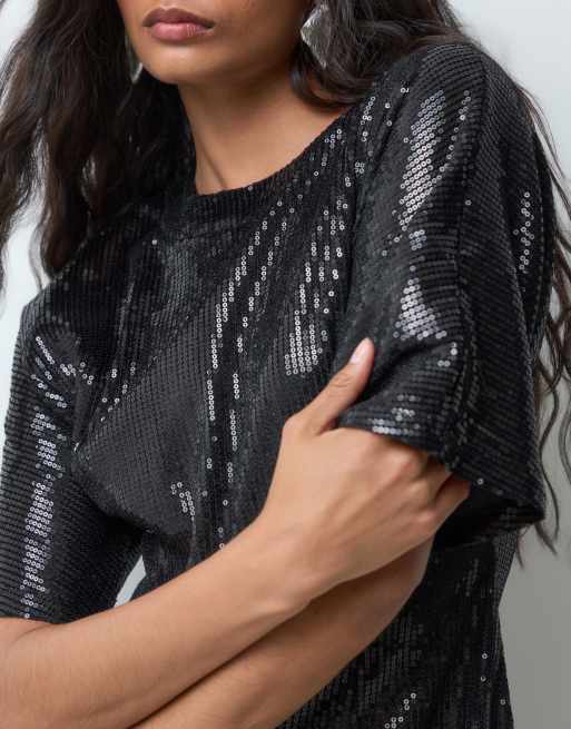Vero Moda half sleeve sequin mini dress in black, 3 of 5