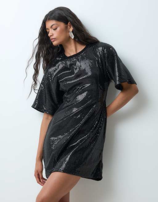 Vero Moda half sleeve sequin mini dress in black, 4 of 5