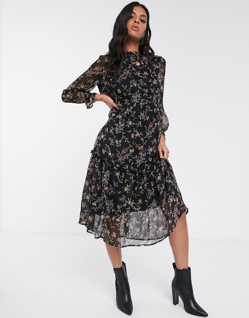 Vero Moda - Halflange hoogsluitende jurk met bloemenprint-Zwart