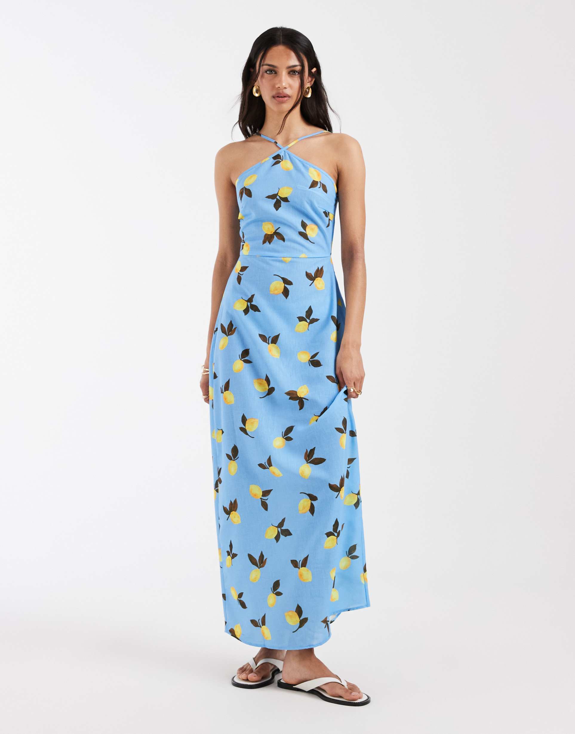 vero moda halter maxi dress in blue lemon print