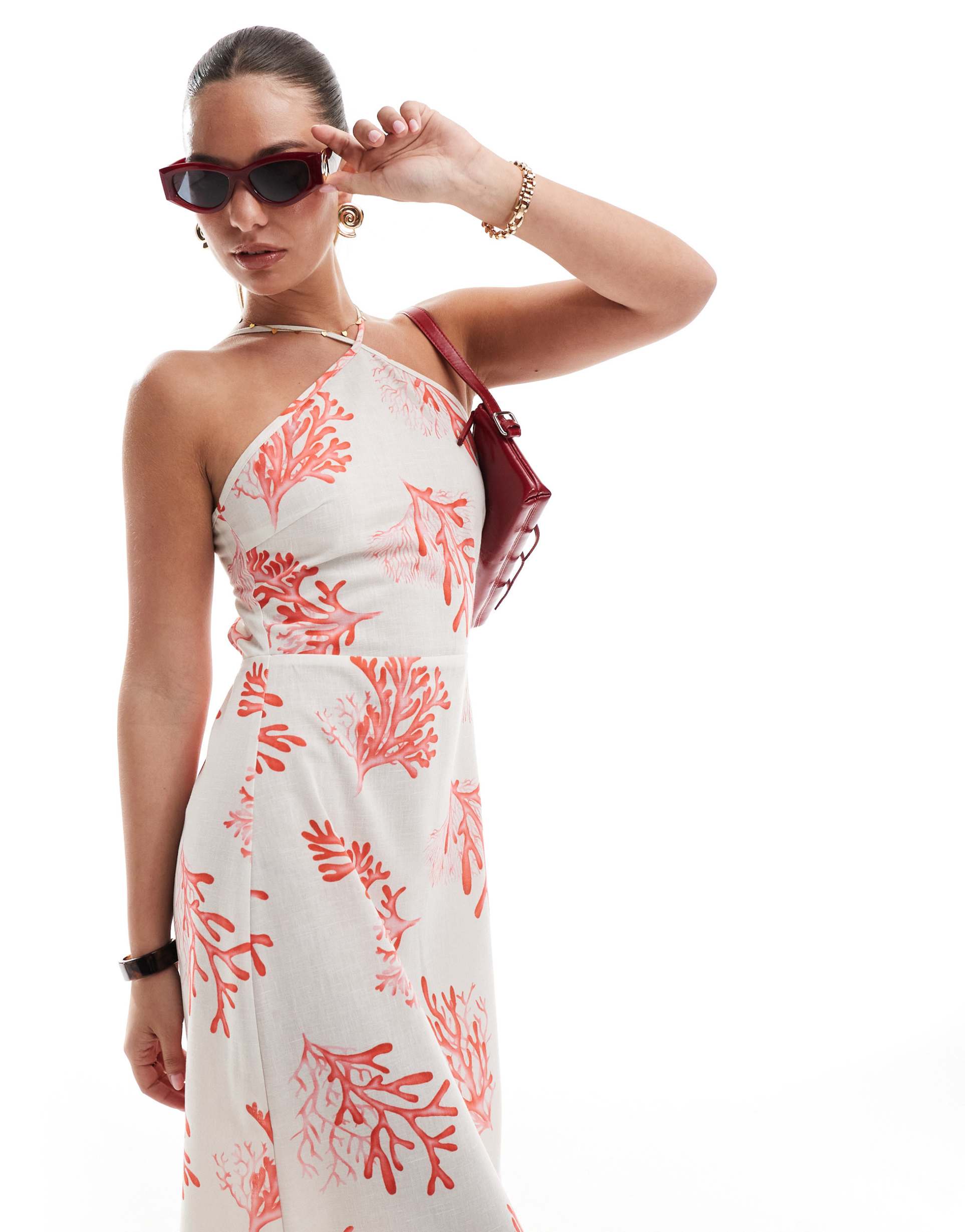 vero moda halter maxi dress in coral print