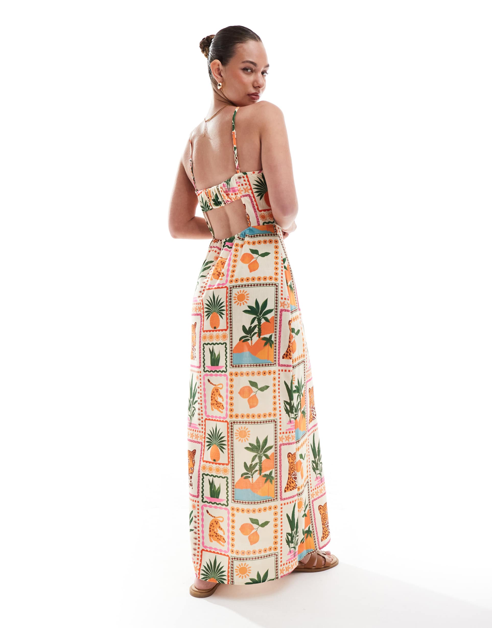 vero moda halter maxi dress in tropical postcard print