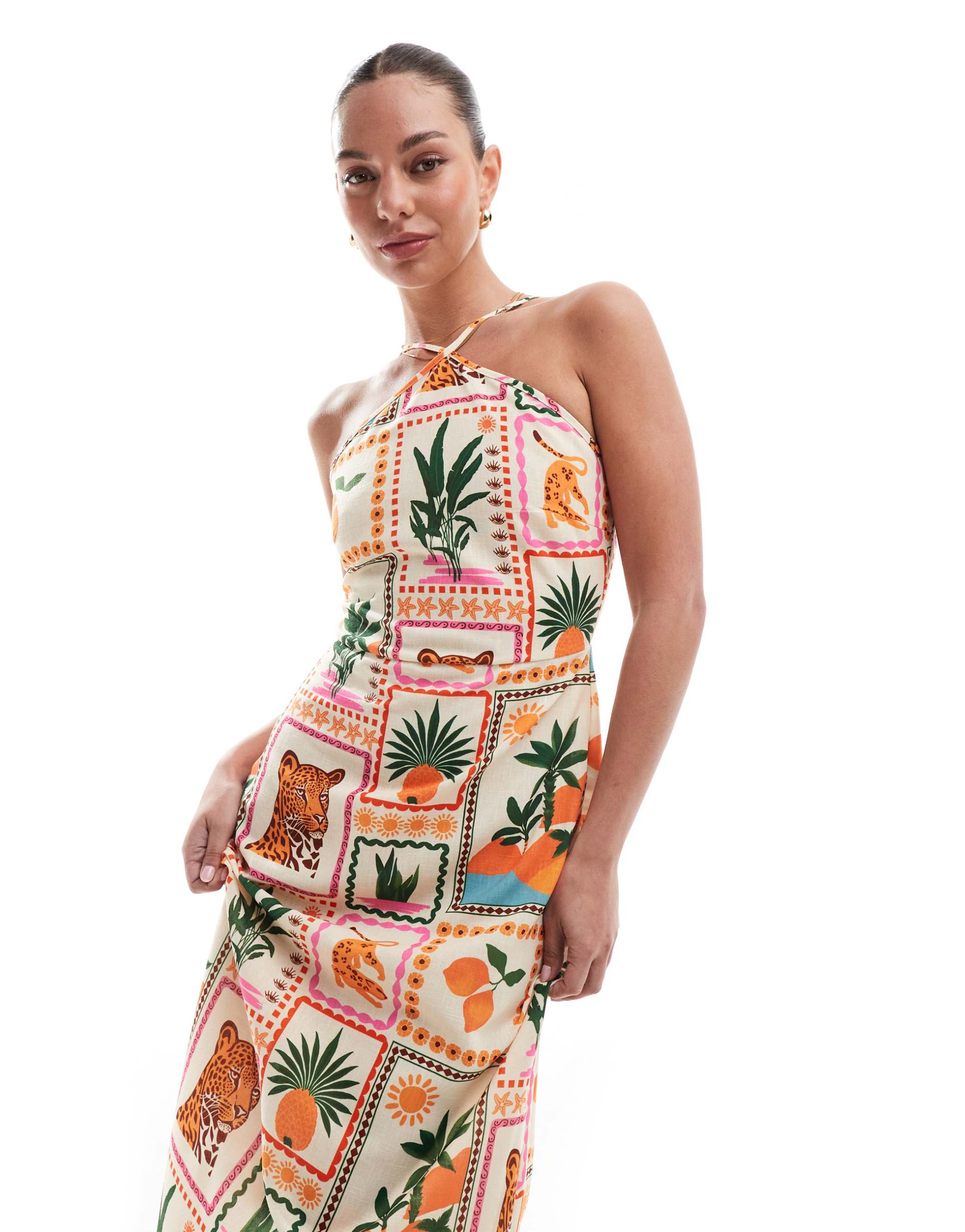 vero moda halter maxi dress in tropical postcard print