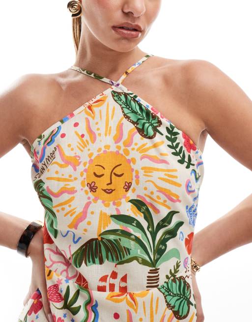 Vero Moda halter mini dress in conversational tropical print, 2 of 4