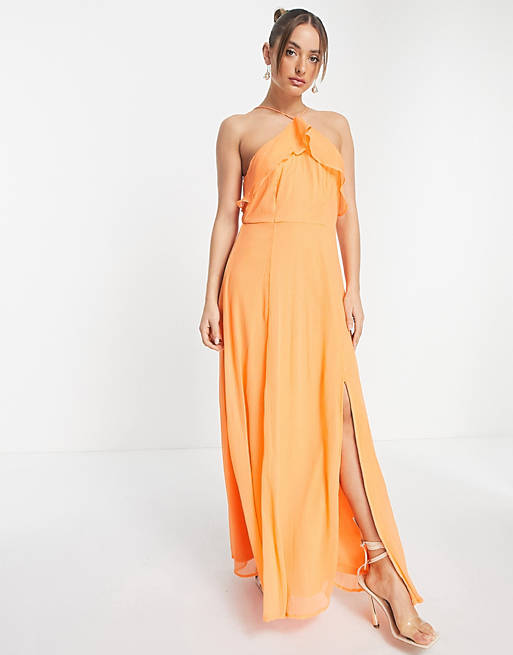 Vero Moda halter neck maxi dress with ruffle detail and slit front in orange |