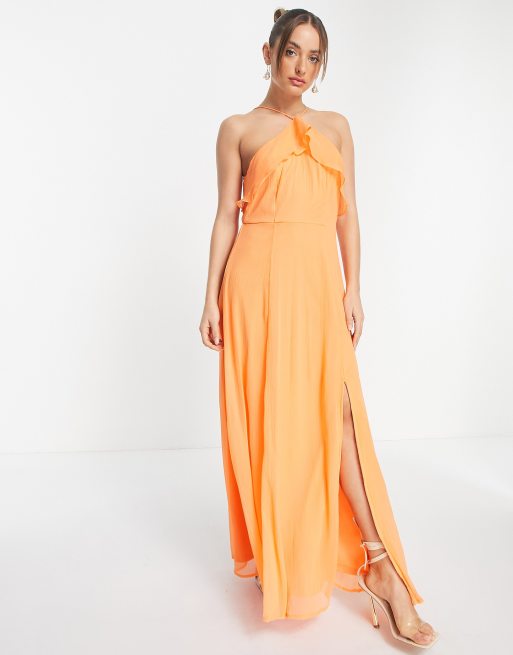 Vero Moda halter neck maxi dress with ruffle detail and slit in orange | ASOS