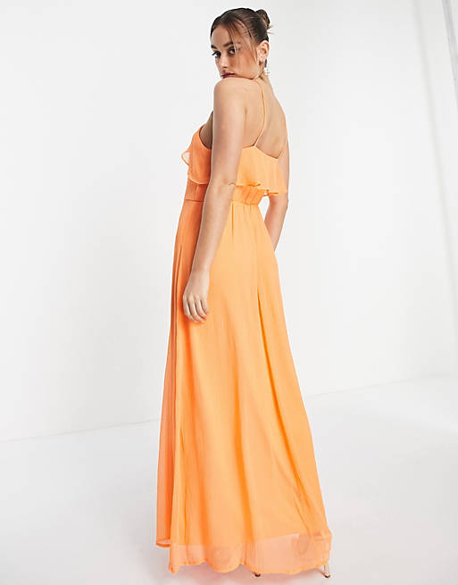 Rådgiver vokal Sky Vero Moda halter neck maxi dress with ruffle detail and slit front in  orange | ASOS