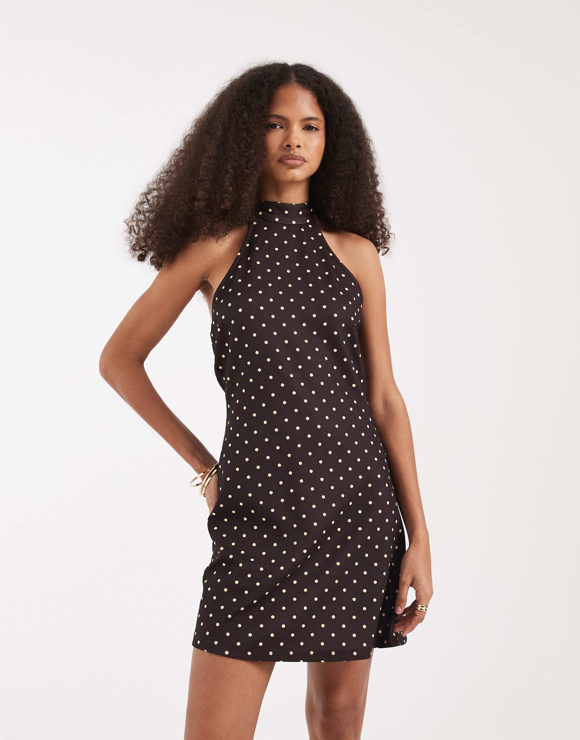 vero moda halter neck polka dot mini dress in brown and yellow polka dot print
