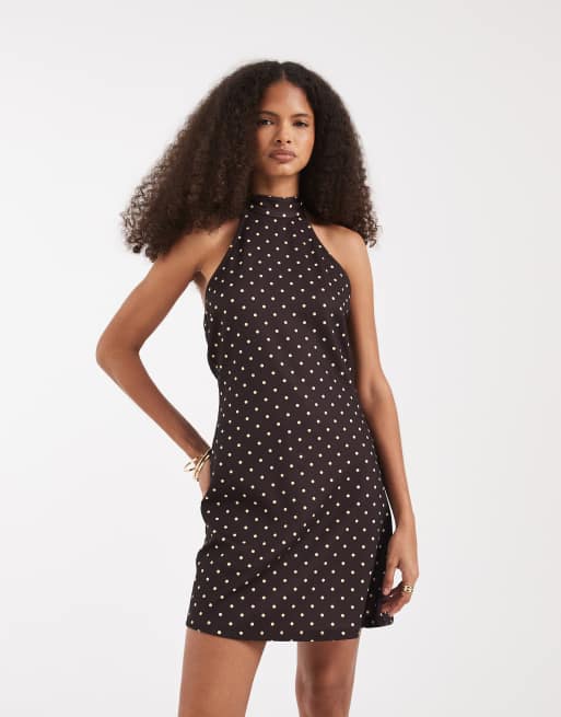 vero moda halter neck dress Vero Moda halter neck polka dot mini dress in brown and yellow polka dot  print