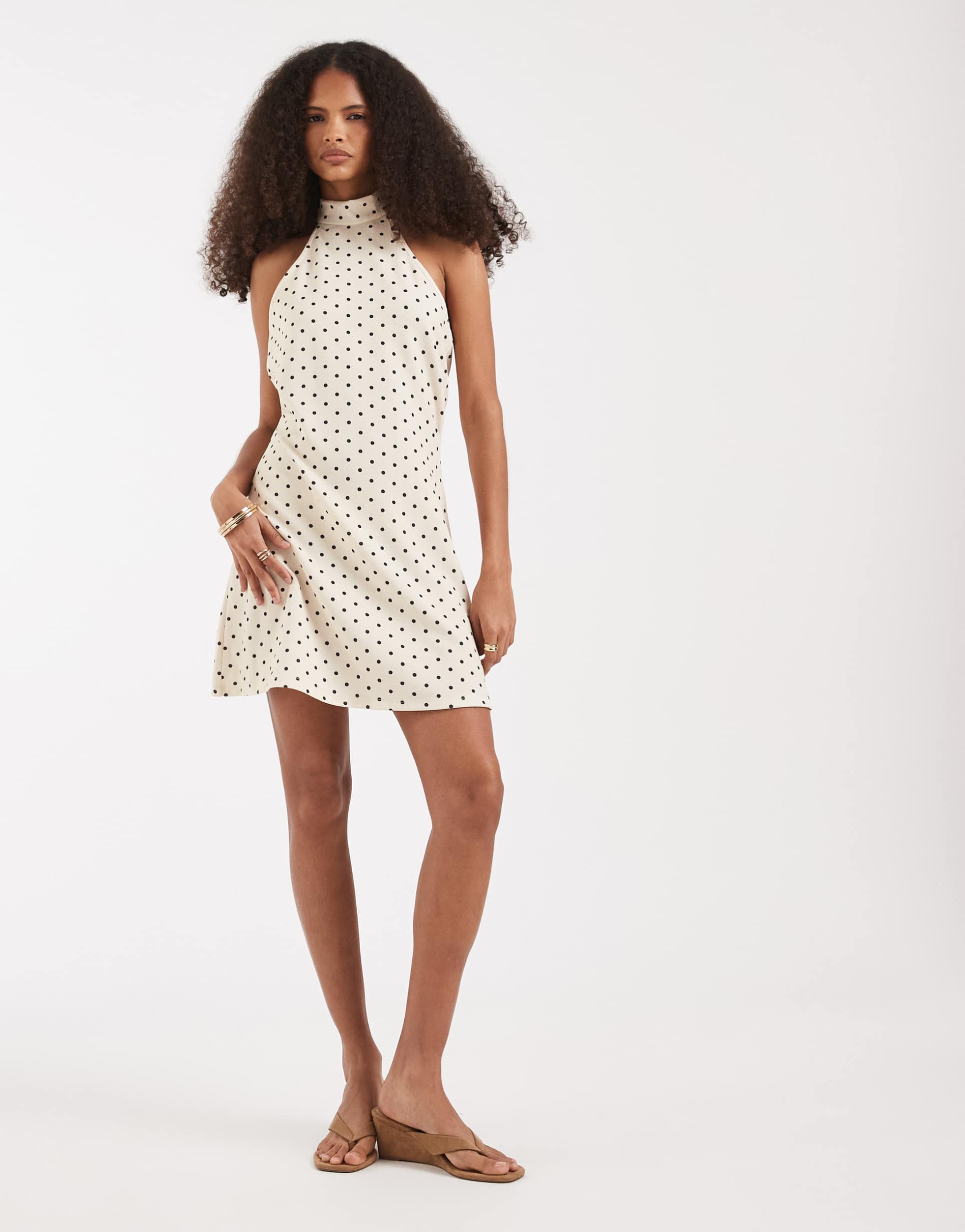 vero moda halter neck polka dot mini dress in cream and black
