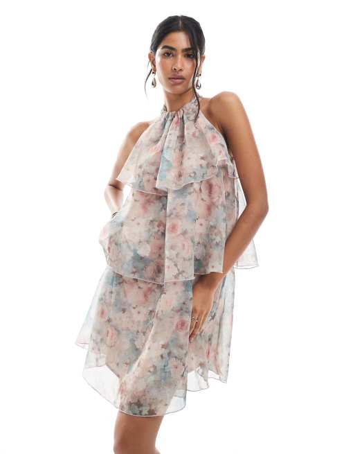 Vero Moda halter neck tiered ruffle mini dress in faded floral print, 4 of 4