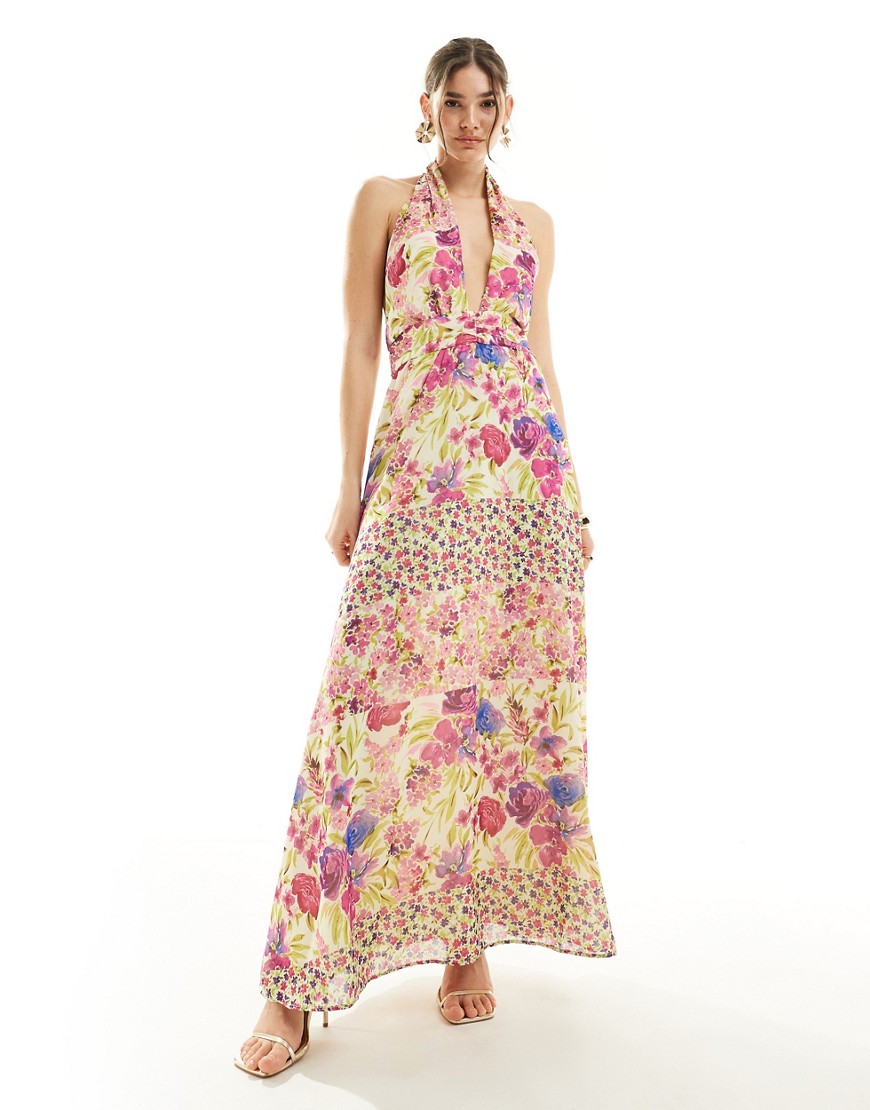 Vero Moda halterneck maxi dress in mixed floral print-Pink