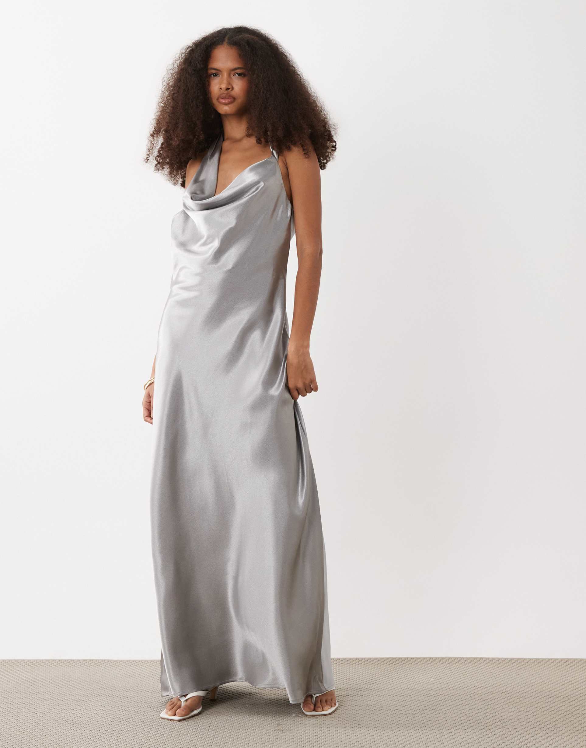 vero moda halterneck scoop front satin maxi dress in silver