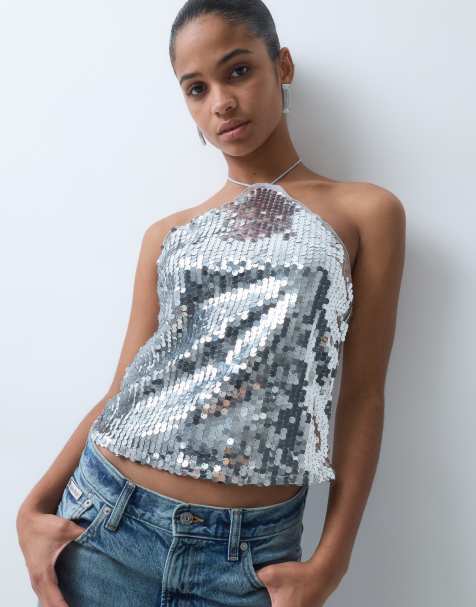 Vero Moda halterneck sequin top in silver