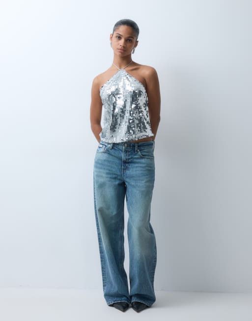 Vero Moda halterneck sequin top in silver, 2 of 5