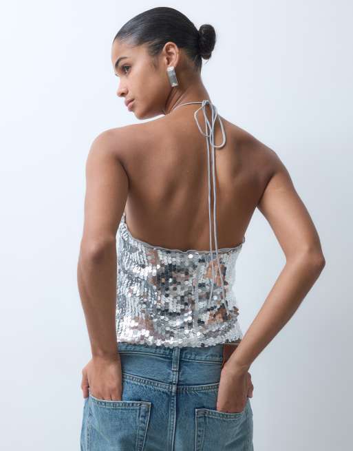 Vero Moda halterneck sequin top in silver, 3 of 5