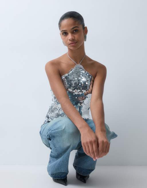 Vero Moda halterneck sequin top in silver, 4 of 5