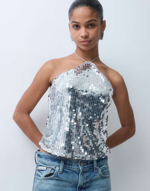 Vero Moda halterneck sequin top in silver, 5 of 5