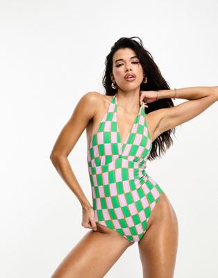 Vero Moda halterneck swimsuit in green and pink checkerboard