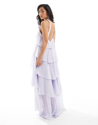 Vero Moda Halterneck Tiered Maxi Dress With Corsage Detail In Purple