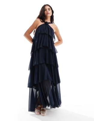 Vero Moda halterneck tiered maxi dress with corsage detail in navy blue |  ASOS