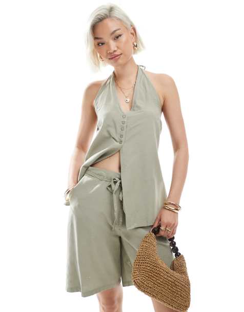 Vero Moda halterneck vest in sea grass green - part of a set - view 1