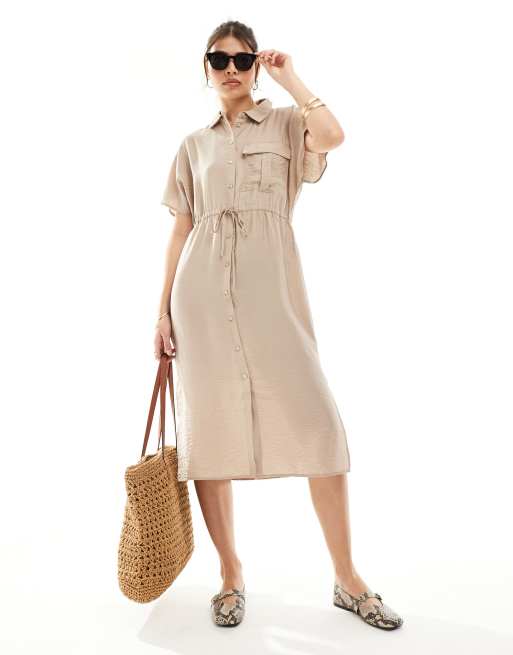 Vero Moda hammered woven shirt dress with tie belt in stone, 3 of 4