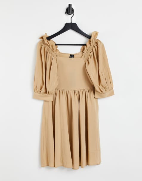 Vero Moda – Hängerkleid in Kamelbraun mit Puffärmeln - view 1