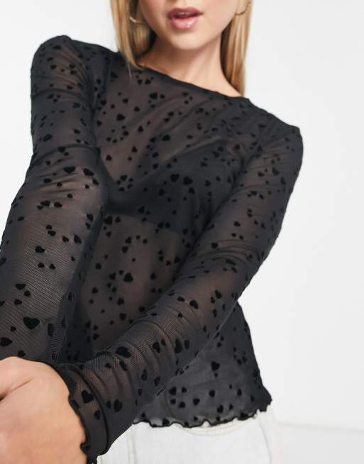 Vero Moda heart mesh long sleeve top in black