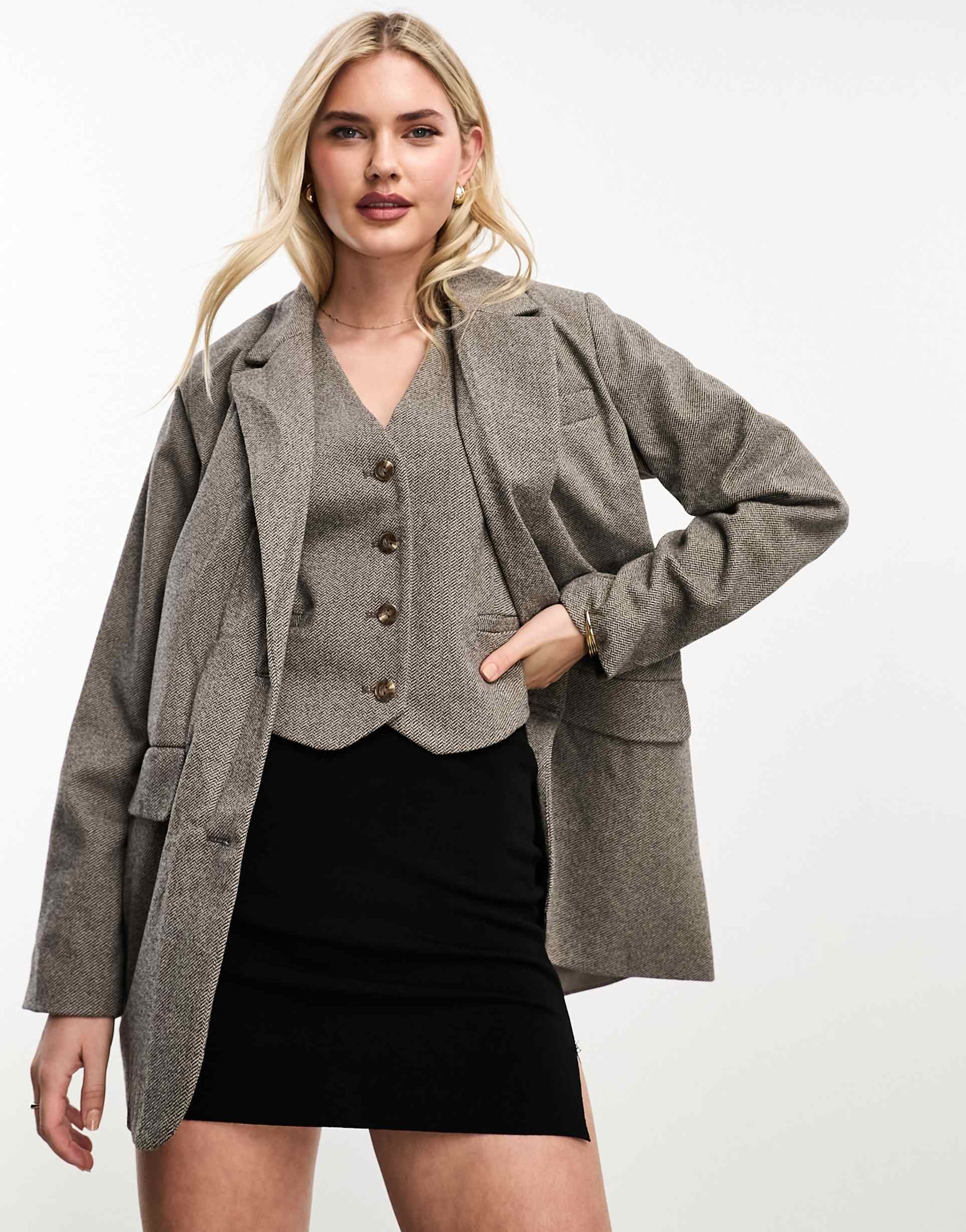 vero moda herringbone blazer in deep taupe - part of a set