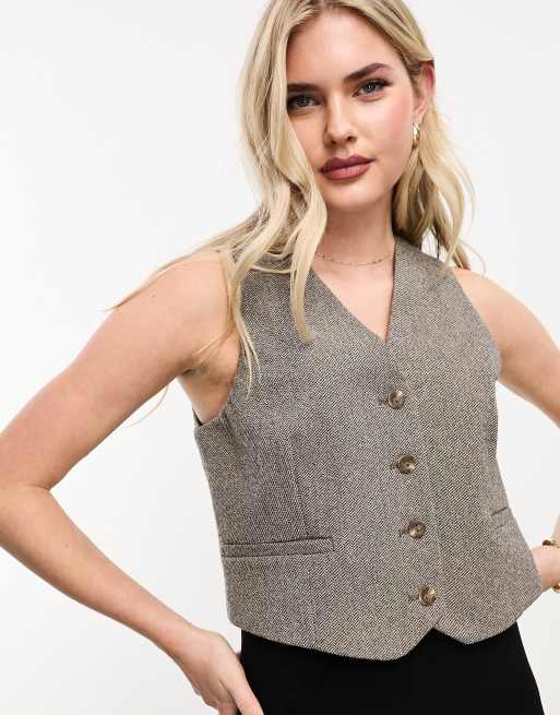 Vero Moda herringbone waistcoat in deep taupe (part of a set)