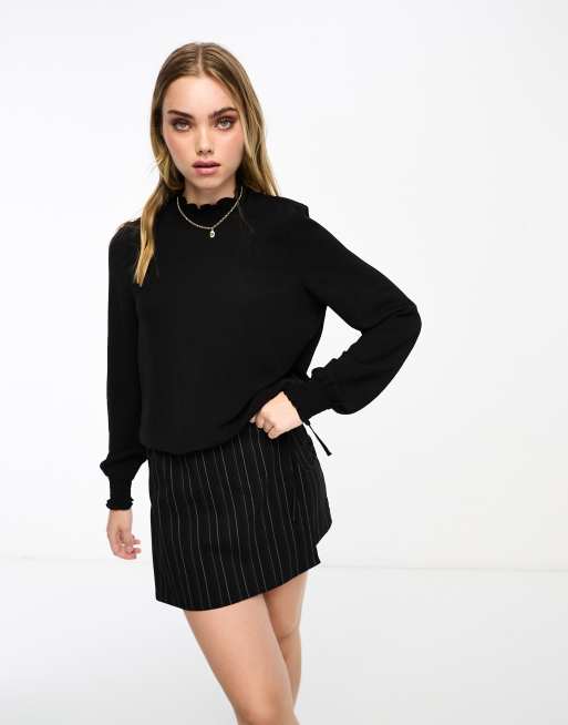 Vero Moda high neck blouse with frill detail hem in black | ASOS