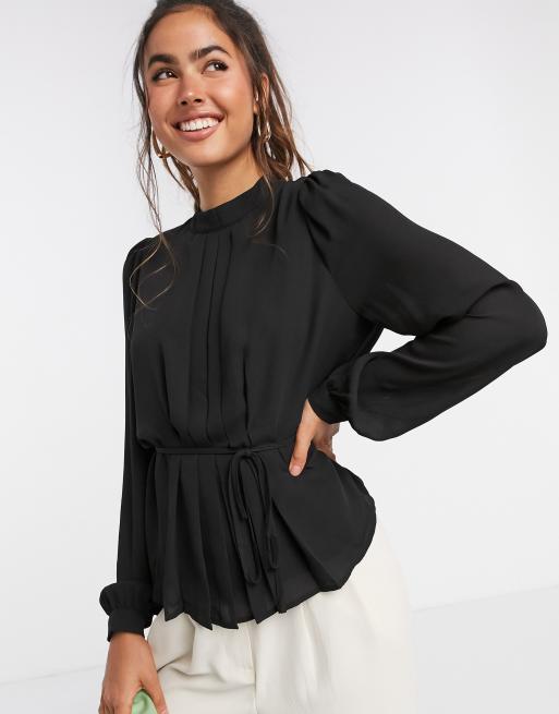 Vero Moda high neck blouse with pleat detail in black | ASOS