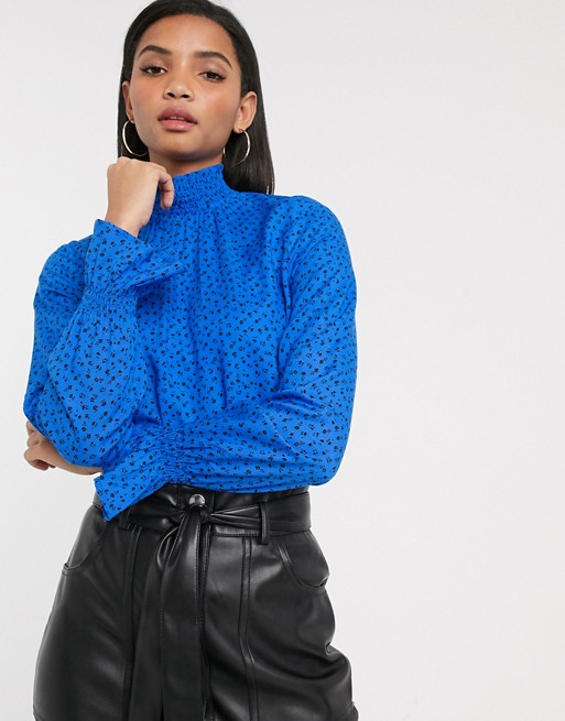 Vero Moda high neck blouse with shirred cuffs in blue ditsy floral