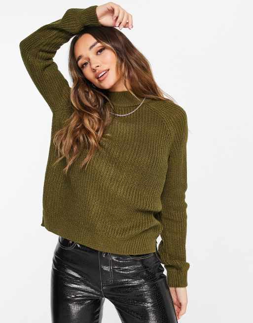 Vero Moda high chunky knit jumper khaki | ASOS