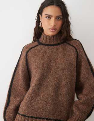 Vero Moda High Neck Contrast Stitch Sweater In Brown