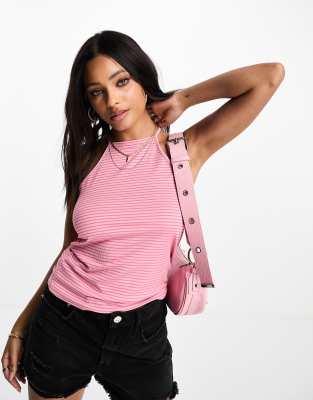 high neck cross back racer neck tank top in pink stripe