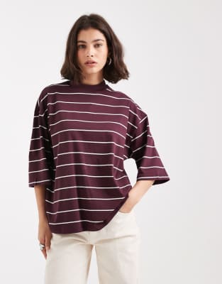 Vero Moda Vero Moda high neck dropped shoulder t-shirt in burgundy stripe-Red