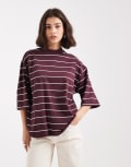 [Vero Moda] Vero Moda high neck dropped shoulder t-shirt in burgundy stripe-Red XS Winetasting Stripe