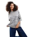[Vero Moda] Vero Moda high neck dropped shoulder t-shirt in grey stripe XXS Grey stripe
