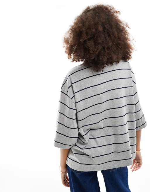 Vero Moda high neck dropped shoulder t-shirt in grey stripe, 3 of 4