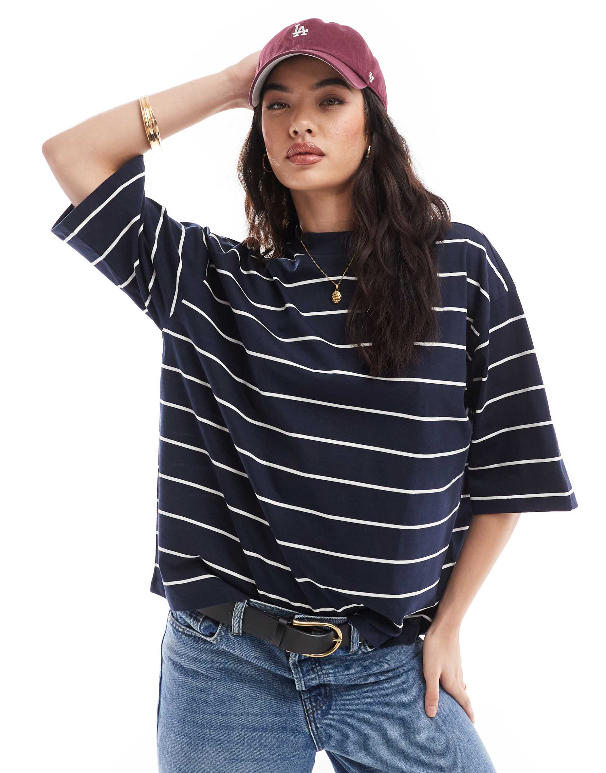 vero moda high neck dropped shoulder t-shirt in navy stripe