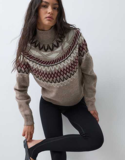 Vero Moda high neck fairisle jumper in beige, 3 of 5