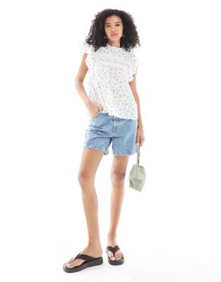 Vero Moda High Neck Flutter Sleeve Embroidered Top In White