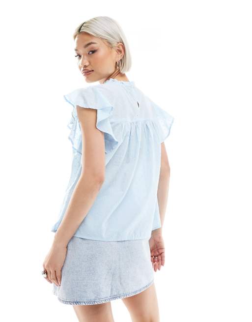 Vero Moda high neck flutter sleeved embroidered top in blue