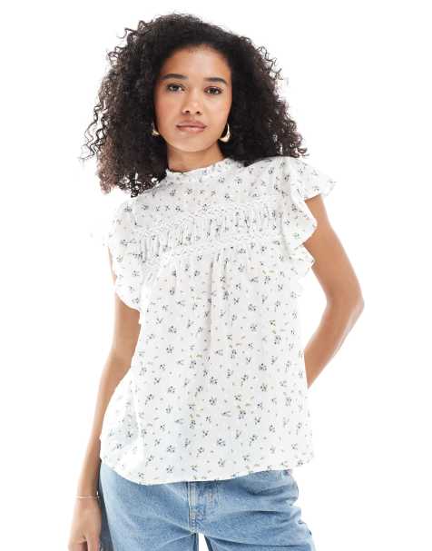 Vero Moda high neck flutter sleeved embroidered top in ditsy floral - view 1